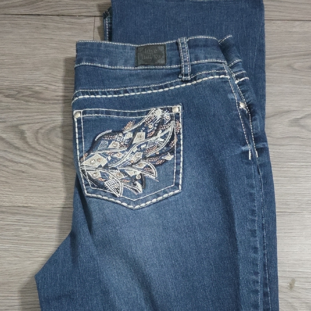 Love Indigo Dark Blue Boot Cut Jeans with Pocket Embroidery